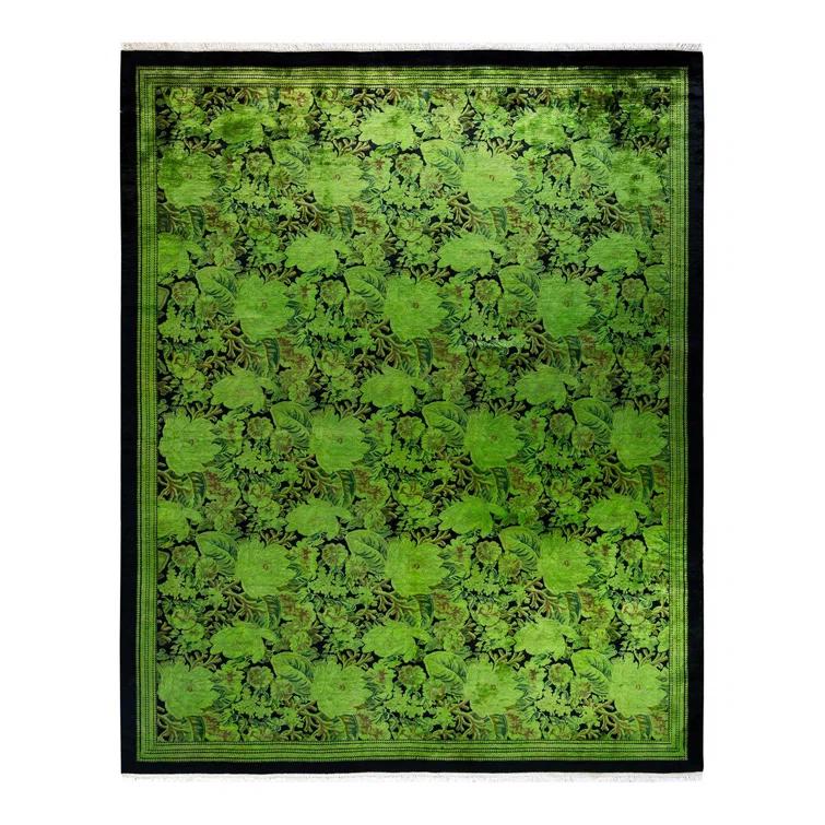 Hand-Knotted Green Wool Floral Motif Area Rug with Fringe