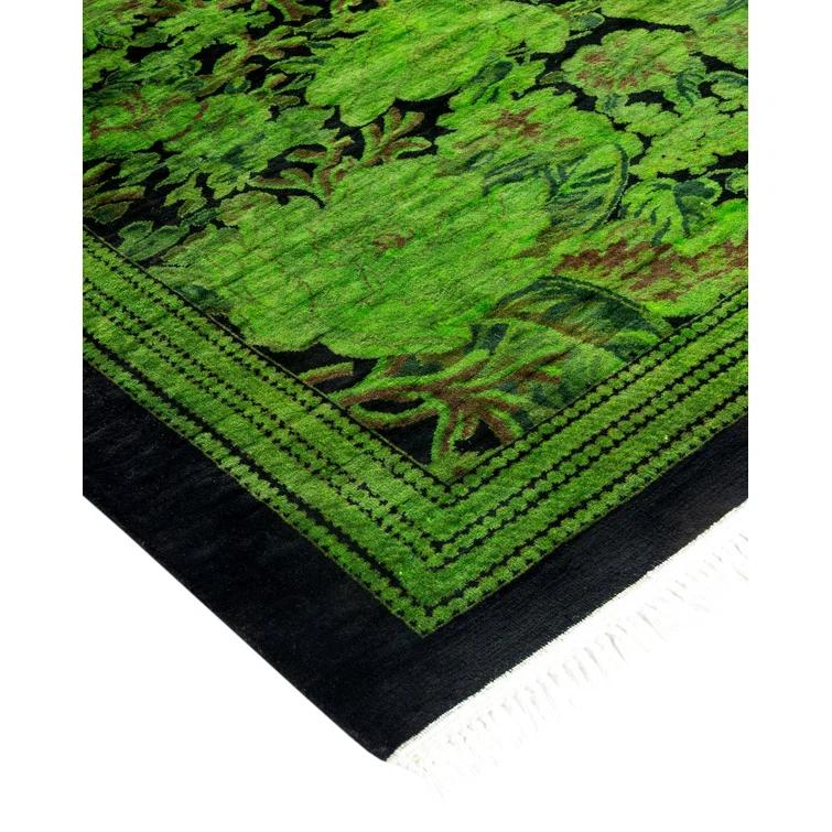 Hand-Knotted Green Wool Floral Motif Area Rug with Fringe