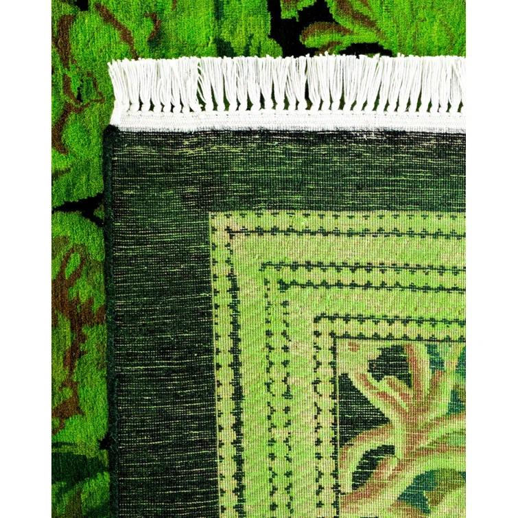 Hand-Knotted Green Wool Floral Motif Area Rug with Fringe