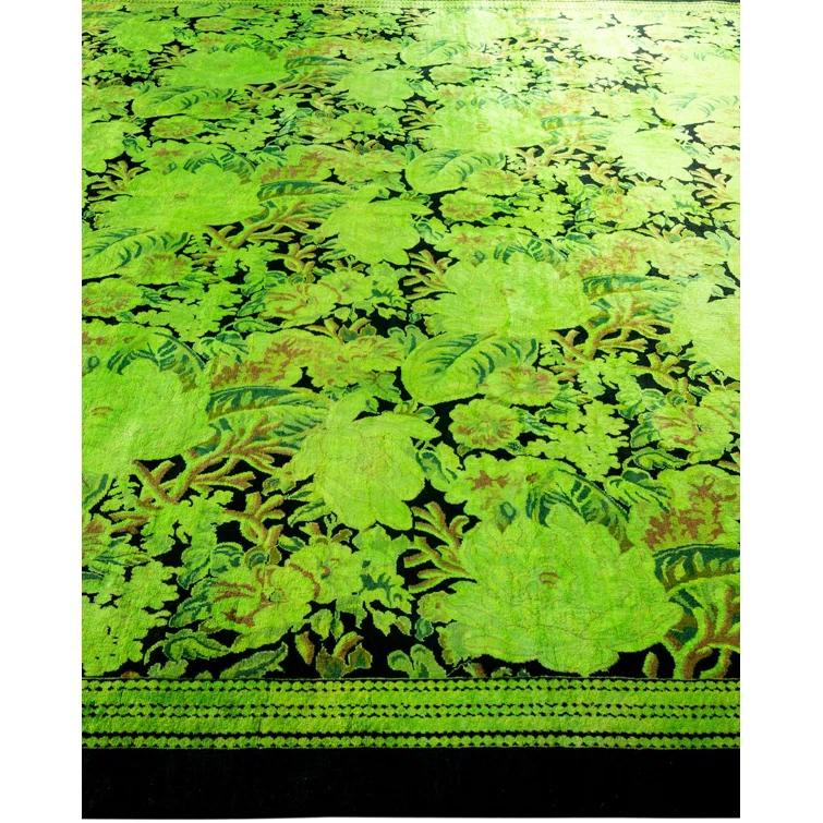 Hand-Knotted Green Wool Floral Motif Area Rug with Fringe