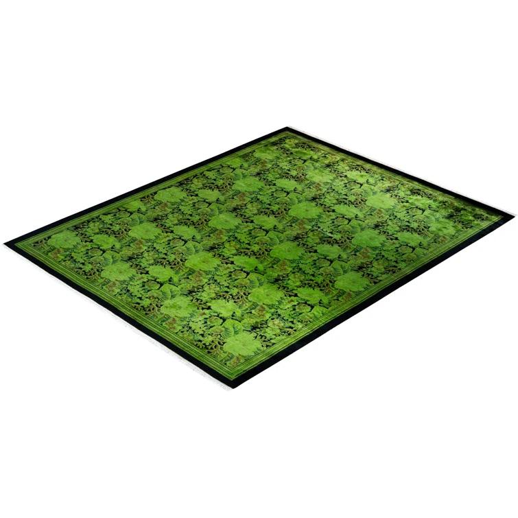 Hand-Knotted Green Wool Floral Motif Area Rug with Fringe