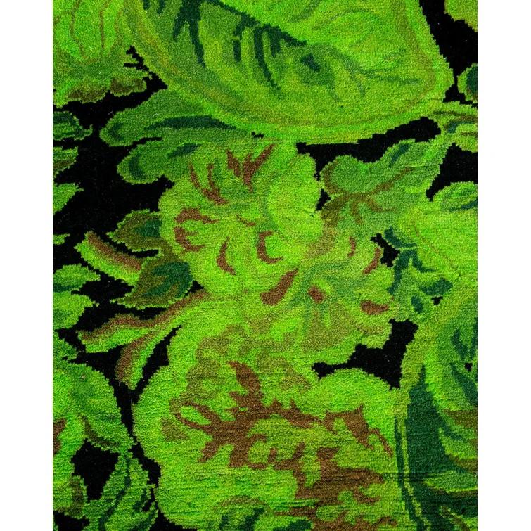 Hand-Knotted Green Wool Floral Motif Area Rug with Fringe