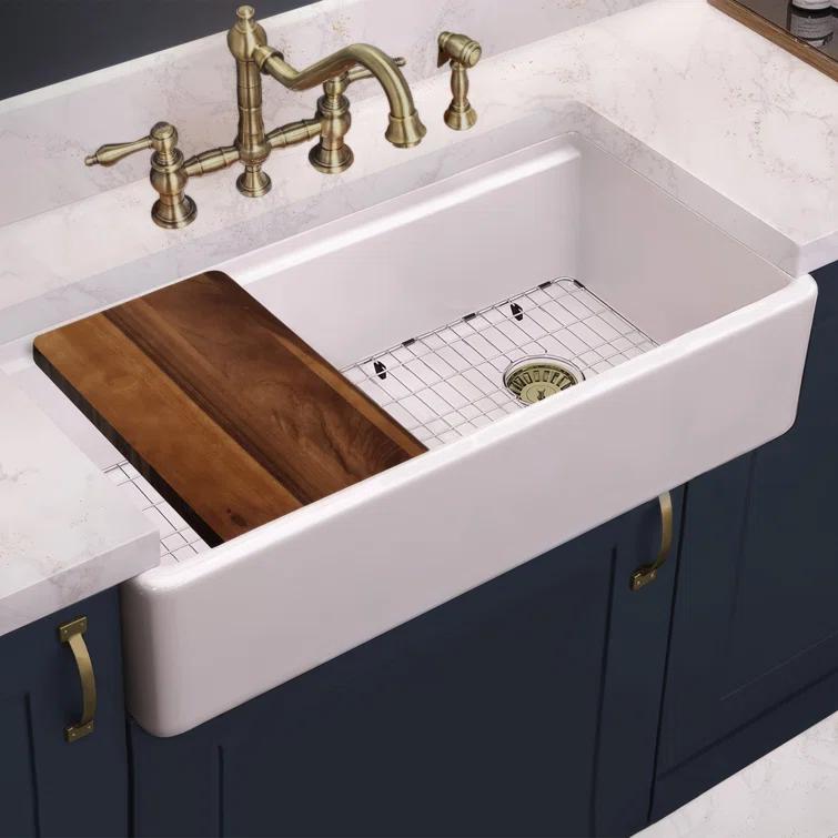Whitehaus Collection Front Apron Single Bowl Fireclay Kitchen Sinks with Cutting Board and Grid