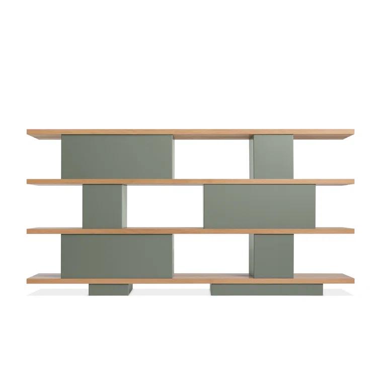 Asymmetrical White Oak and Grey Green Geometric Bookcase