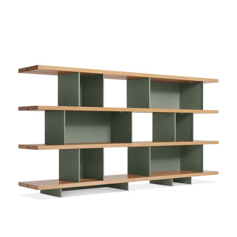 Asymmetrical White Oak and Grey Green Geometric Bookcase