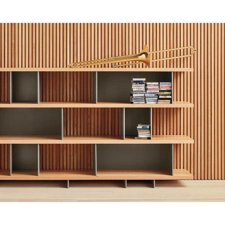 Asymmetrical White Oak and Grey Green Geometric Bookcase