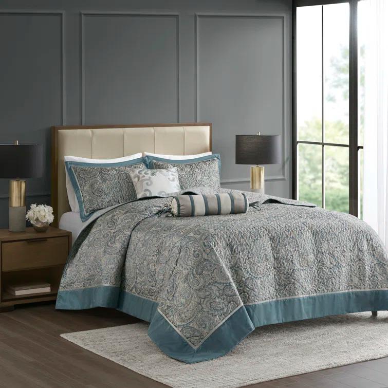 Madison Park Aubrey 5 Piece Jacquard Bedspread Set with Throw Pillows