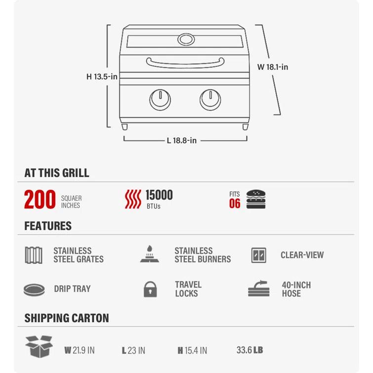 Monument Grills 13742,2-Burner Portable Stainless Steel Tabletop Propane Gas Grill with High Lid and Travel Locks, 15,000 BTU – Perfect for Family BBQs