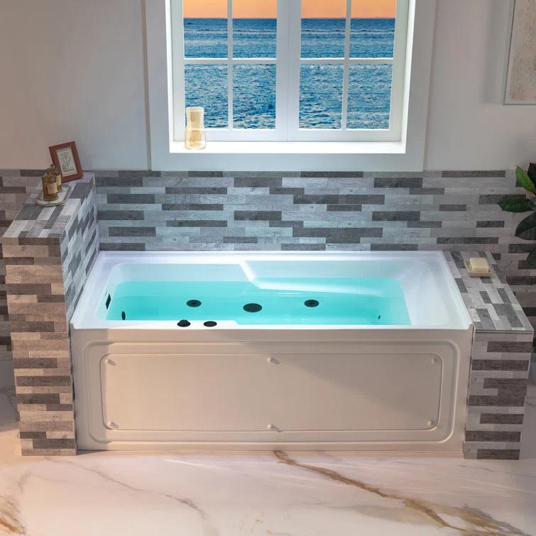 60" x 30" Whirlpool Heated Rectangular Alcove Acrylic Bathtub with Chrome/Matte Black Drain and Overflow