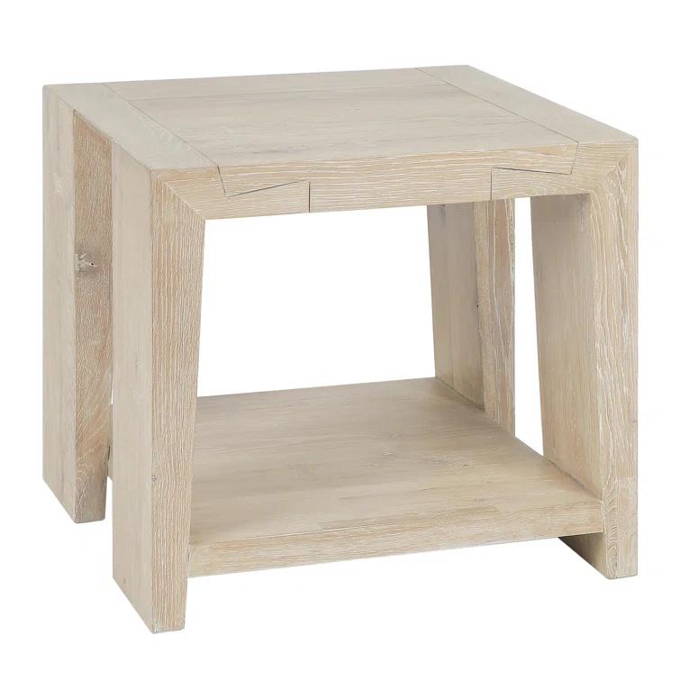 Tan Solid Oak Rectangular End Table with Shelf