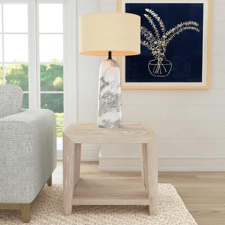 Tan Solid Oak Rectangular End Table with Shelf