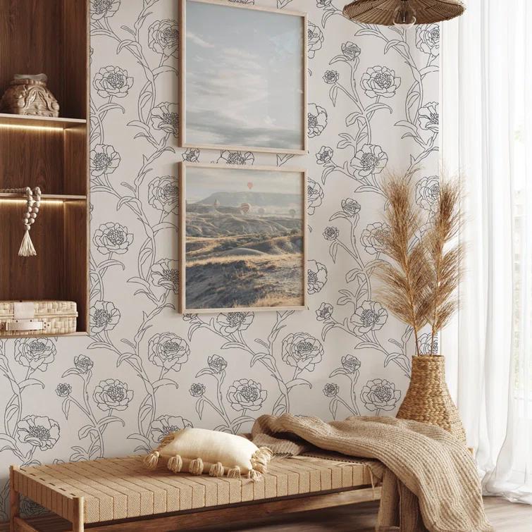 Tempaper & Co. Peonies Removable Peel and Stick Wallpaper, Black and White Floral, 56 sq. ft.: Vinyl Self-Adhesive Botanical Decor