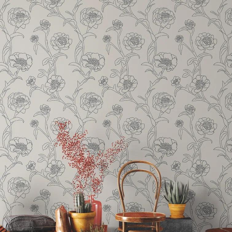 Tempaper & Co. Peonies Removable Peel and Stick Wallpaper, Black and White Floral, 56 sq. ft.: Vinyl Self-Adhesive Botanical Decor