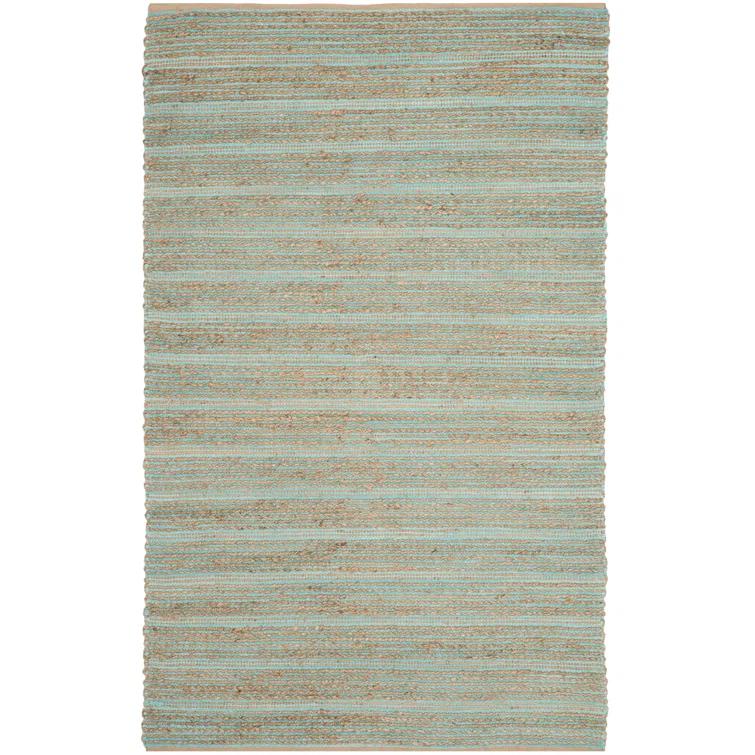 Winthrop Hand Woven Jute/Cotton Striped Rug in Aqua