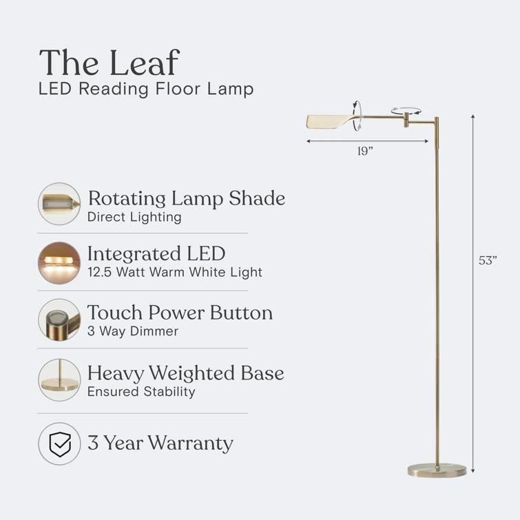 Brightech Leaf 53 in. Industrial Vintage Reading Floor Lamp with Metal Shade and 3-Way Dimming Options - Integrated LED Light