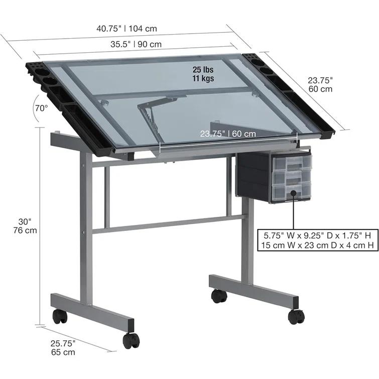 Inbox Zero Craddock Adjustable Glass Top Metal Base Drafting Table