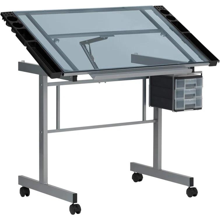 Inbox Zero Craddock Adjustable Glass Top Metal Base Drafting Table