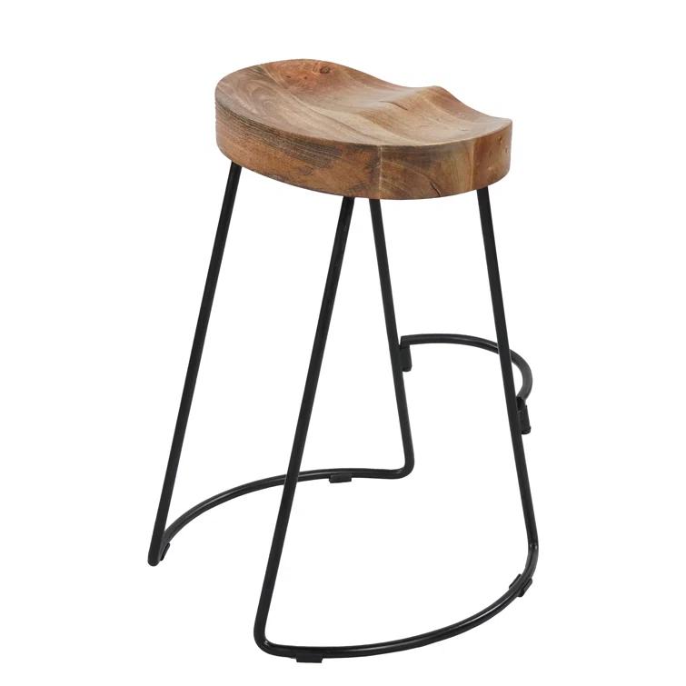 The Urban Port 24 Inch Mango Wood Industrial Counter Height Stool, Saddle Seat, Iron, Set of 2, Brown, Black