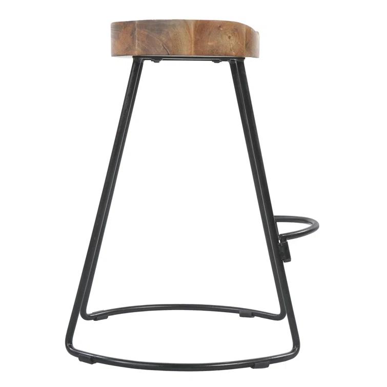 The Urban Port 24 Inch Mango Wood Industrial Counter Height Stool, Saddle Seat, Iron, Set of 2, Brown, Black
