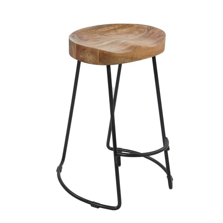 The Urban Port 24 Inch Mango Wood Industrial Counter Height Stool, Saddle Seat, Iron, Set of 2, Brown, Black