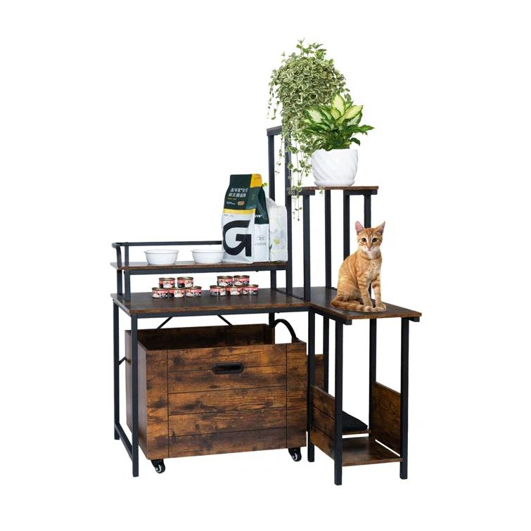 Tucker Murphy Pet™ Cat Litter Box Enclosure Furniture With Flower Stand, Corner Wooden Cat Washroom, Pullable Carring Tray, Plant Stand Hidden Litter Box Enclosure Furniture With Catch Litter, Cat House