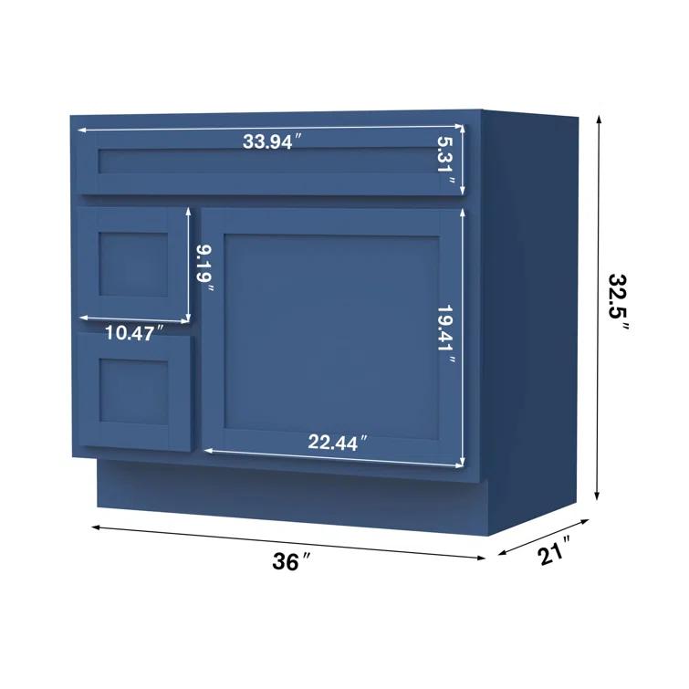 Vanity Art 36 Inch Single Shutter Door Bathroom Vanity Base Cabinet with 2 Functioning Shaker Drawers, Strudy Floor Mount Storage Cabinet Organizer for Bedroom, Living Room, Kitchen, VA4036-2LBLUE
