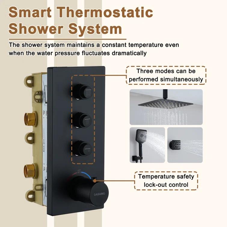 3 Functions 12 Inch Ceiling Mounted Thermostatic Shower System with 6 Body Jets
