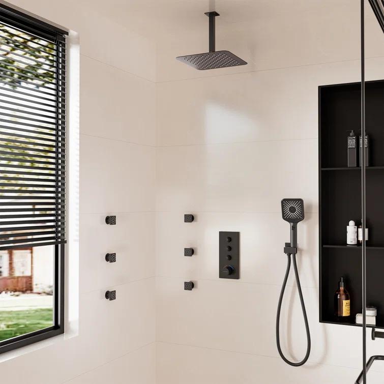 3 Functions 12 Inch Ceiling Mounted Thermostatic Shower System with 6 Body Jets
