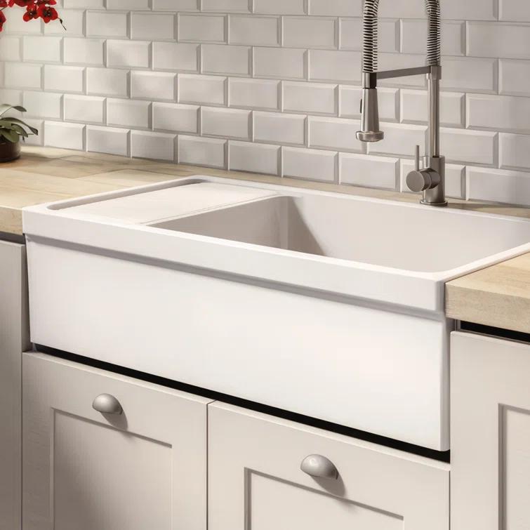 Glossy Black Fireclay Reversible Sink with Drainboard