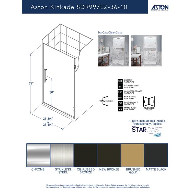 Kinkade 35.75" - 36.25" W x 72" H Hinged Frameless Shower Door