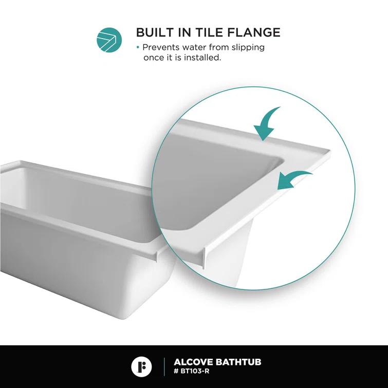 Alcove 66" x 32" Soaking Fiberglass Bathtub