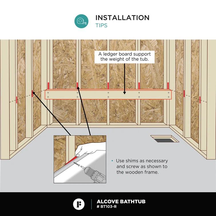 Alcove 66" x 32" Soaking Fiberglass Bathtub