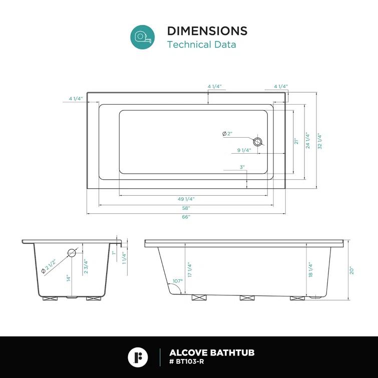 Alcove 66" x 32" Soaking Fiberglass Bathtub
