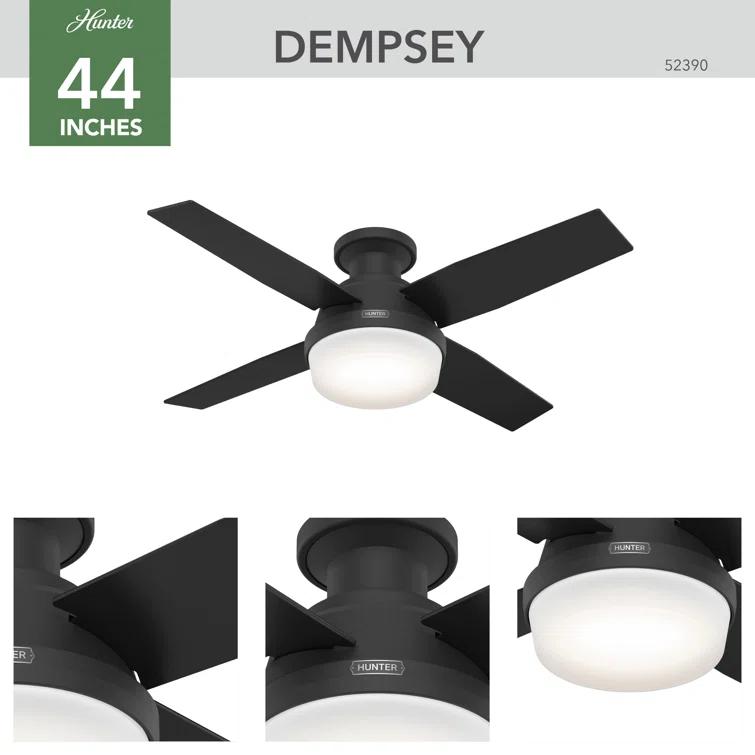 Dempsey Low Profile 44" 4 - Blade Indoor Flush Mount Small Room Ceiling Fan with Lights and Remote