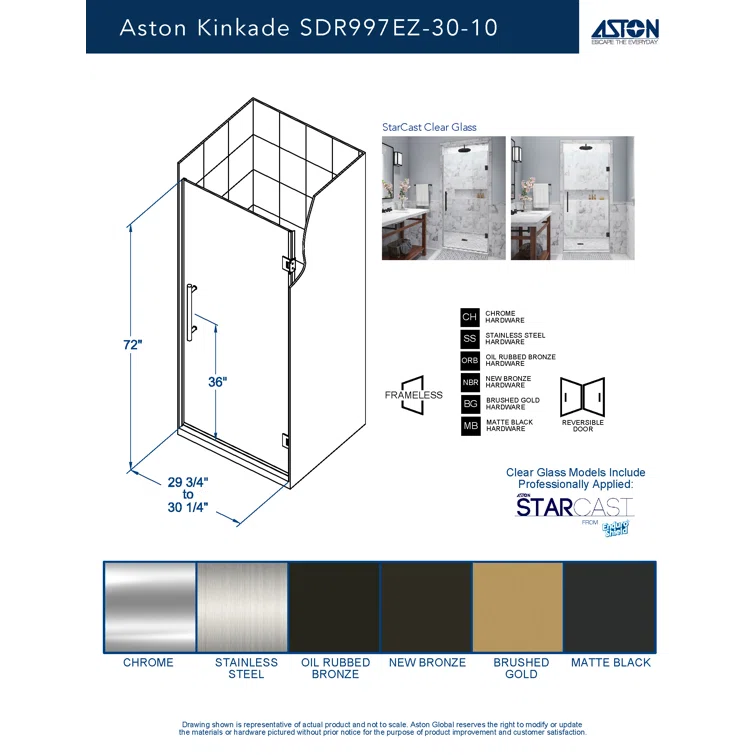 Kinkade 29.75" - 30.25" x 72" Hinged Frameless Shower Door with StarCast by EnduroShield