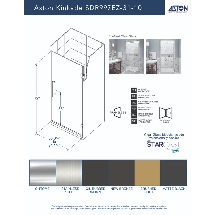 Kinkade 30.75" - 31.25" W x 72" H Hinged Frameless Shower Door