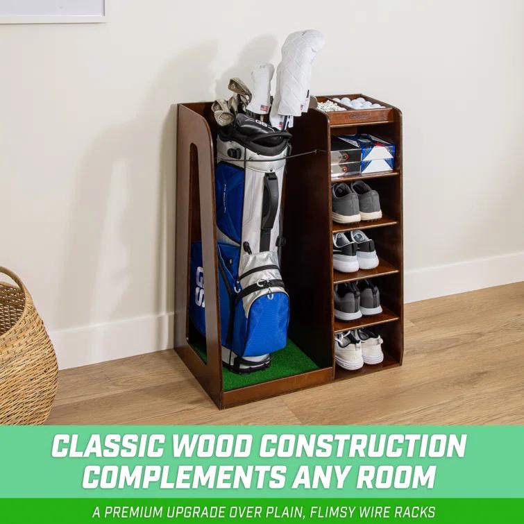 GoSports Premium Wooden Freestanding Golf Bag Organizer and Storage Rack