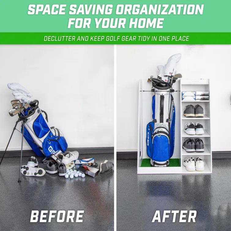 GoSports Premium Wooden Freestanding Golf Bag Organizer and Storage Rack