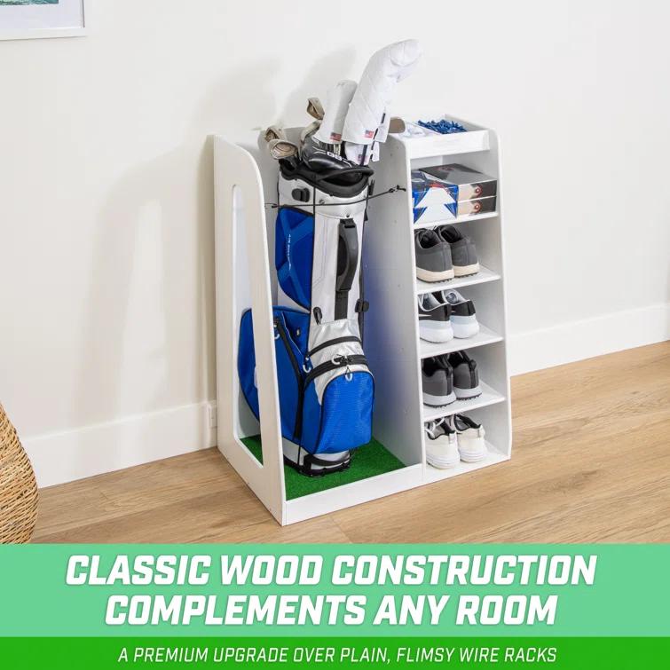 GoSports Premium Wooden Freestanding Golf Bag Organizer and Storage Rack