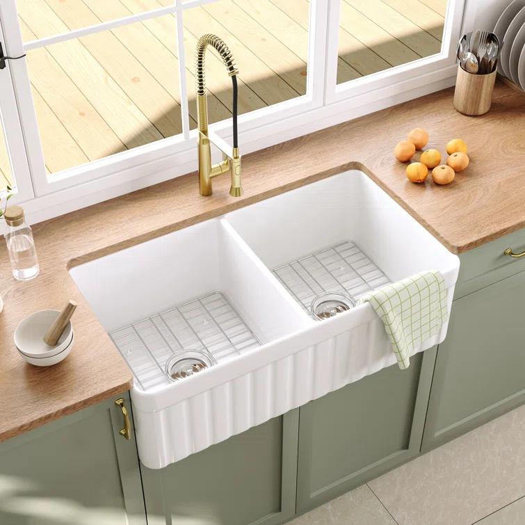 Nova 33" L x 18" W Double Bowl Fireclay Farmhouse Kitchen Sink with Sink Grid and Basket Strainer