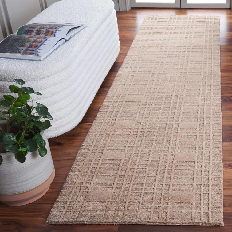 Sand Geometric Hand-Knotted Wool and Silk Runner Rug