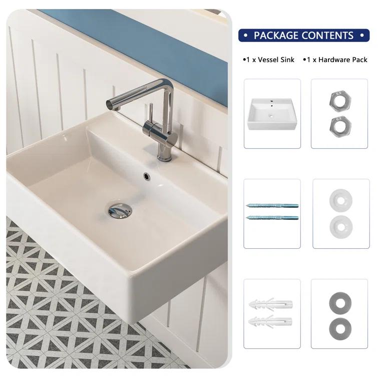 23'' x 18'' White Rectangular Vitreous China Wall Mount Bathroom Sink with Overflow