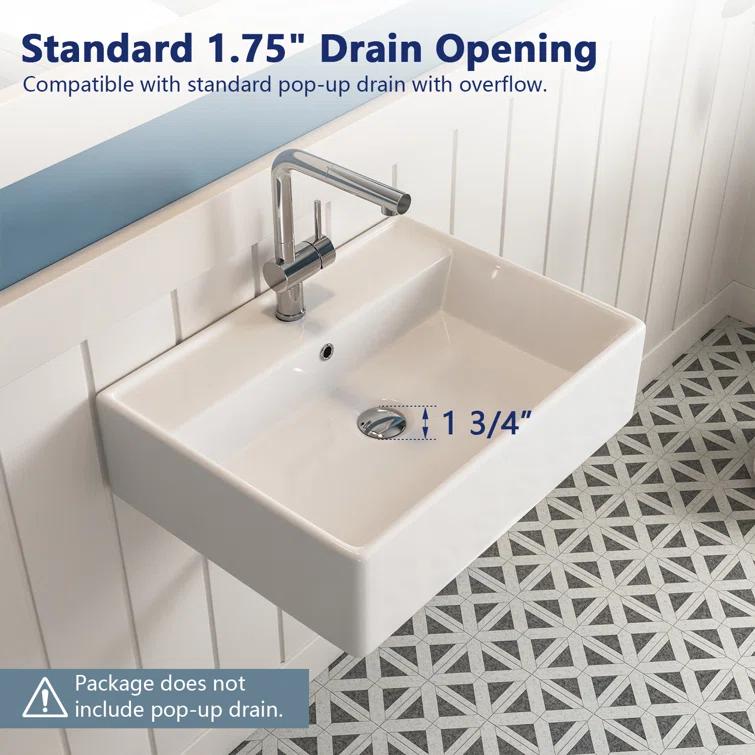 23'' x 18'' White Rectangular Vitreous China Wall Mount Bathroom Sink with Overflow