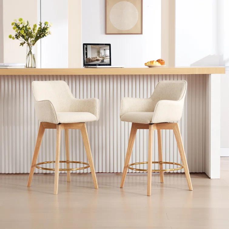 Lovetro Swivel Full Back Arms Upholstered 25.8"H Counter Stool with Solid Rubberwood Frame and Gold Footrest