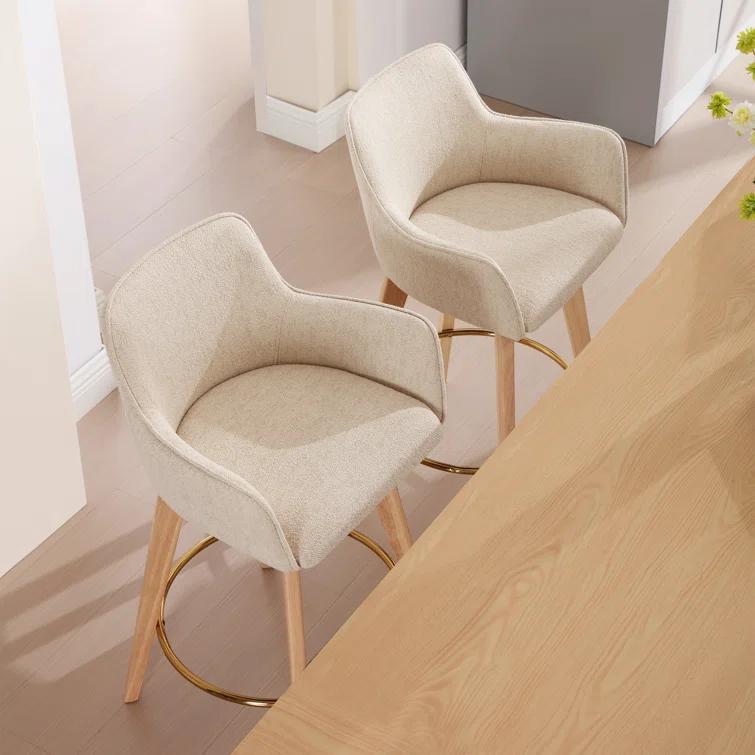Lovetro Swivel Full Back Arms Upholstered 25.8"H Counter Stool with Solid Rubberwood Frame and Gold Footrest