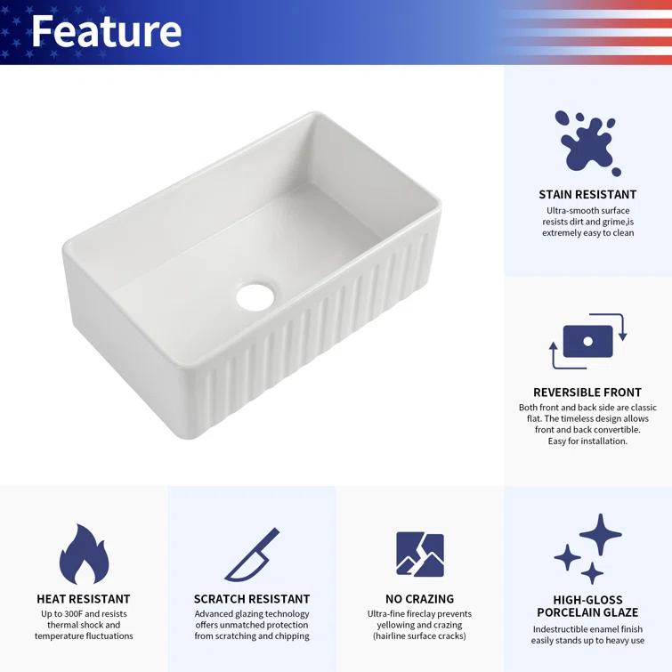 33'' L Farmhouse / Apron Single Bowl Fireclay Kitchen Sink