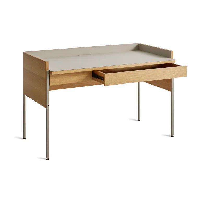 Elegant Putty and White Oak Desk with Expansive Tabletop and Drawer