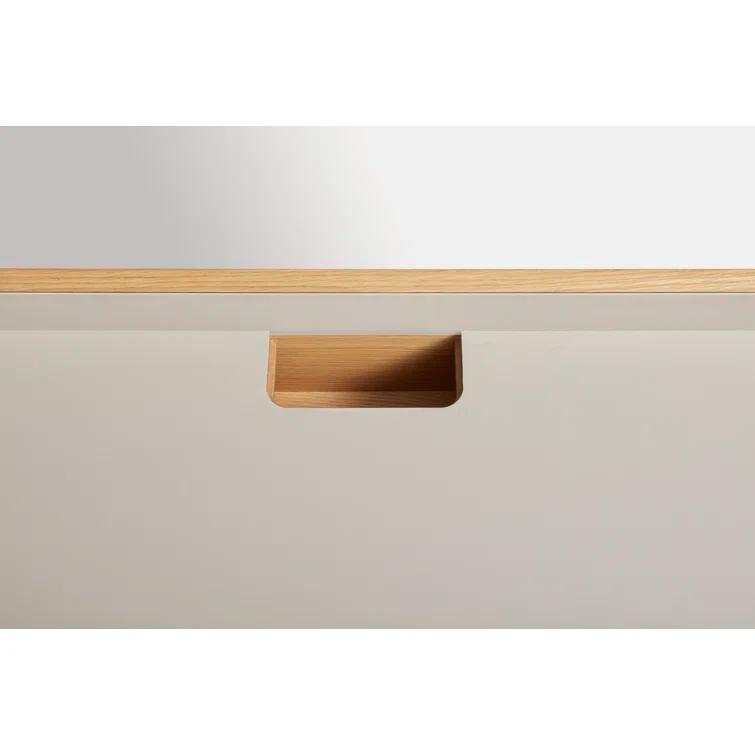 Elegant Putty and White Oak Desk with Expansive Tabletop and Drawer