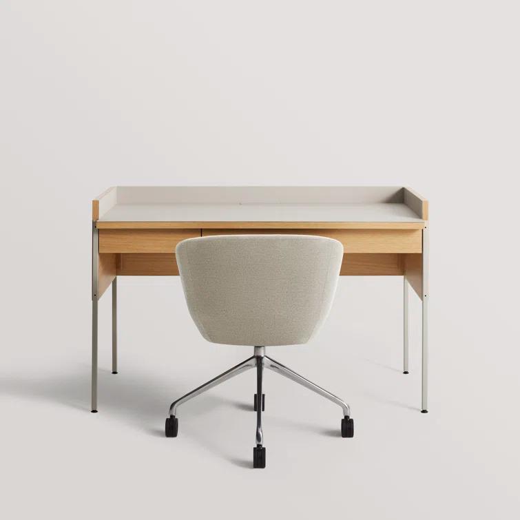 Elegant Putty and White Oak Desk with Expansive Tabletop and Drawer