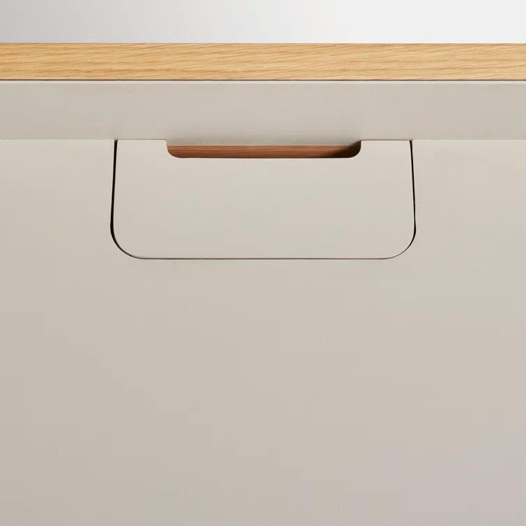 Elegant Putty and White Oak Desk with Expansive Tabletop and Drawer